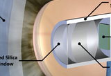 Intraocular retinal prosthesis with intraocular camera (IOC); enlarged view, including the aspherical lens, CMOS image sensor array, fused silica window, and hermetically sealed housing. The entire intraocular camera is only 3.18 mm in diameter and 4.5 mm long, and is designed to fit within the crystalline lens sac following removal of the crystalline lens.